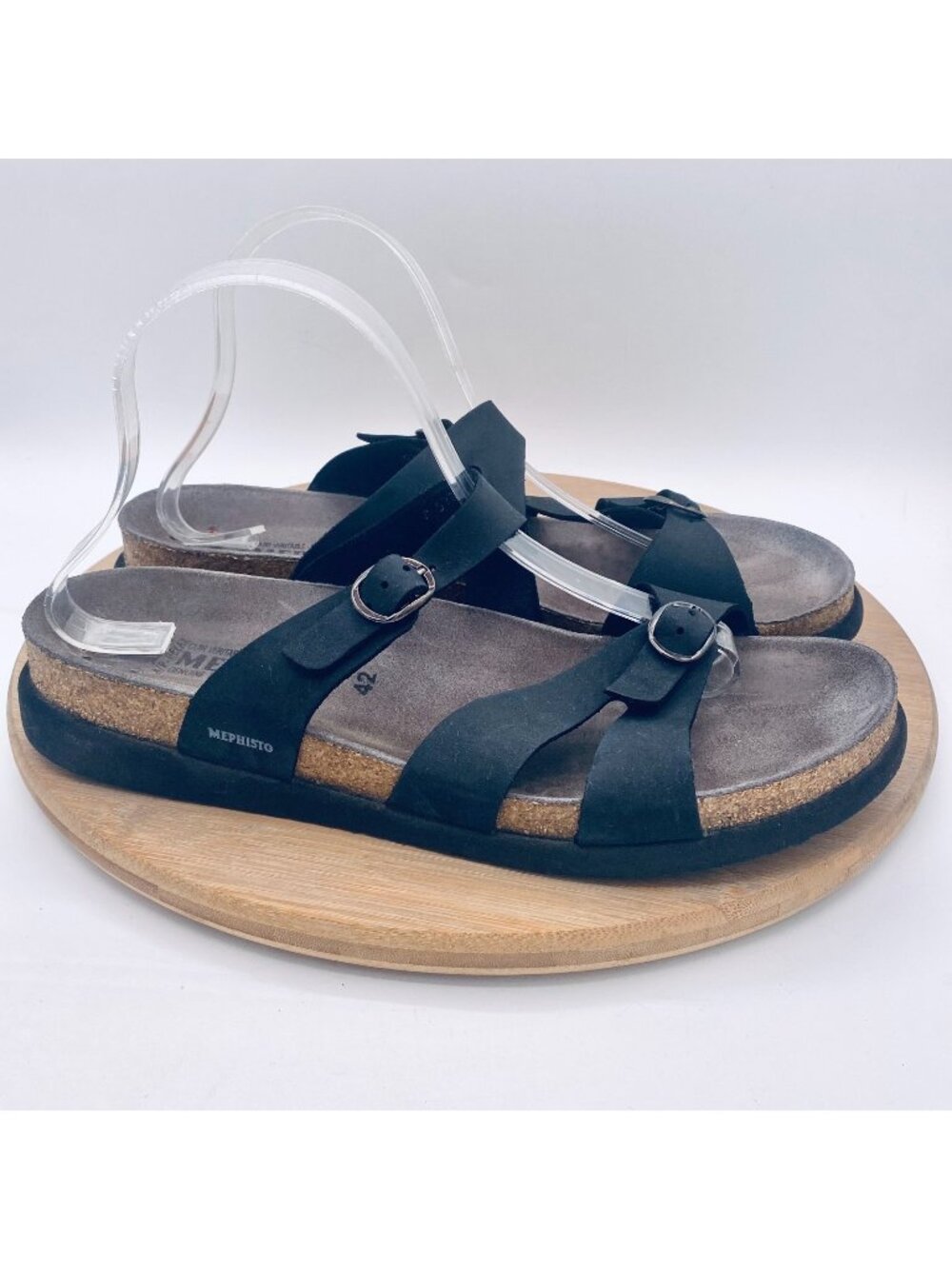 Mephisto Black Suede Cork Footbed Sandals